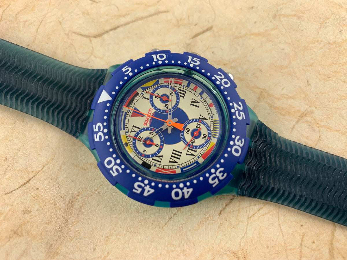 Vintage NOS Swatch Originals AquaChrono Big Blue SBN101 Plastic Quartz 1994  VERY RARE!