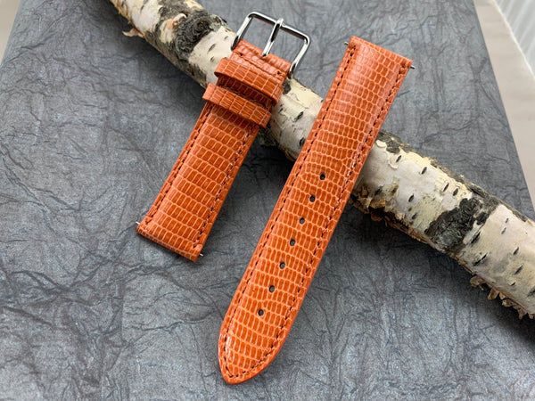 Orange Super High Quality Genuine Shiny Lizard Quick Change USA Made Strap 20mm X 18mm