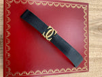 Vintage OEM Cartier 18K Yellow Gold Double C Folding Clasp W/ Generic NOS 17MM Black Calf Leather Strap