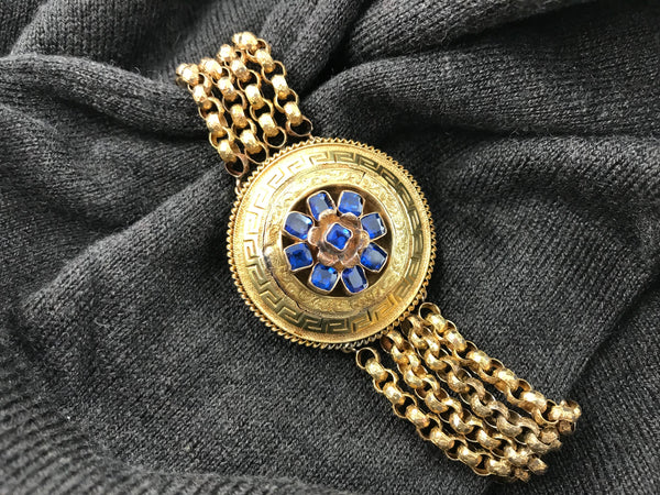 Victorian Etruscan Revival 19K yellow gold Greek key pattern round medallion bracelet set - Cool Vintage | Back In Time International