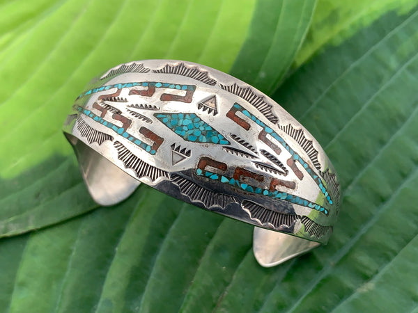 Vintage 925 Sterling silver, turquoise and coral Navajo Indian Nakai inlaid and stamped cuff bracelet