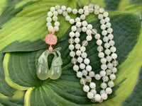 Vintage Korean serpentine jade and rose quartz beaded necklace with fruit pendant/amulet