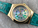 Vintage NOS Swatch Irony MID-SIZE YLG100 Green Gammon Yellow Gold Tone Stainless Steel Quartz 1996 RARE!